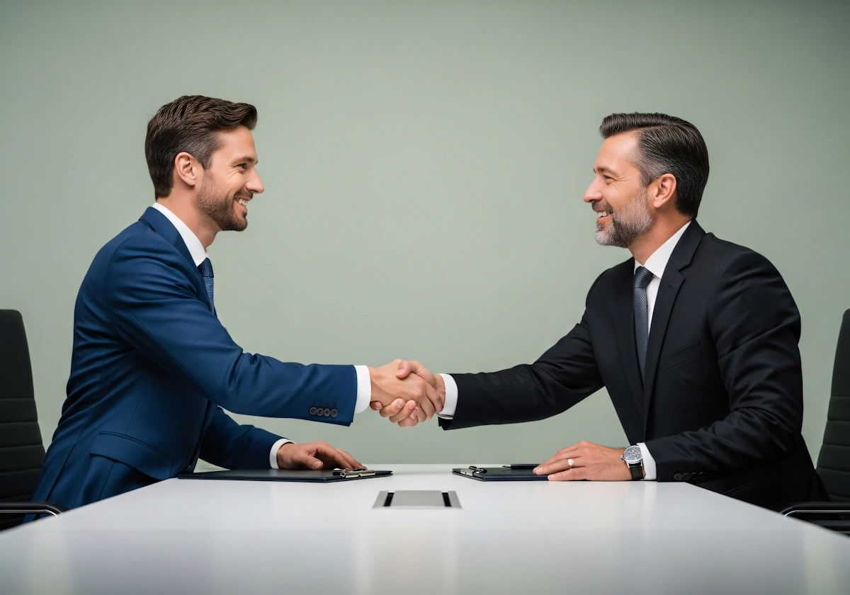 An elegant, high-quality photograph captures two professional men shaking hands across a clean white conference table, symbolizing a successful business deal or agreement.