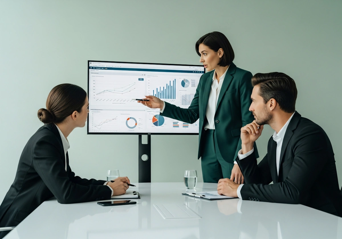 A woman standing in a tailored dark green pantsuit points a pen toward a large digital display monitor, guiding the discussion.