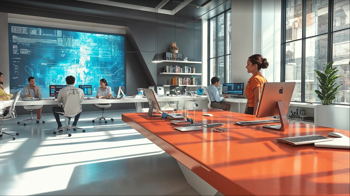 A massive, glowing blue digital screen dominates the back wall, displaying intricate data visualizations, code, or holographic-style maps.