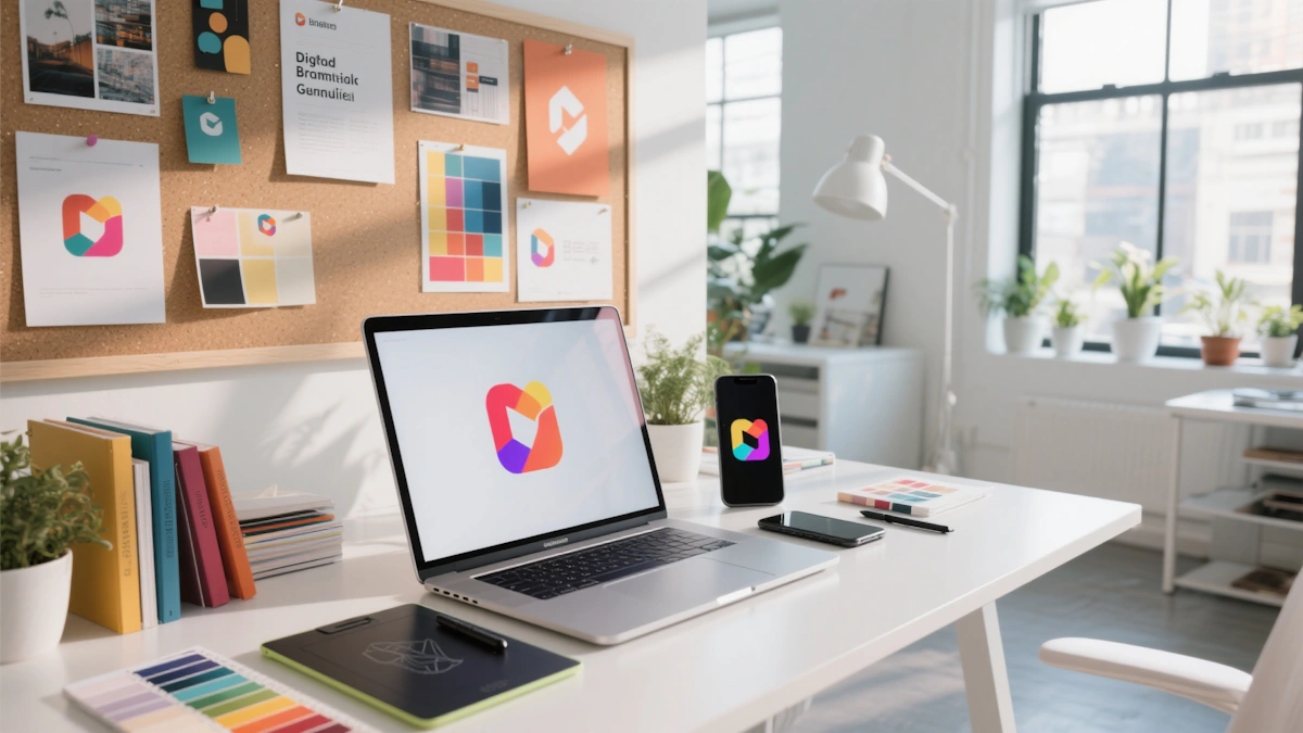 A vibrant, geometric logo icon resembling an open multi-colored envelope or folded ribbon (using orange, pink, yellow, and purple)