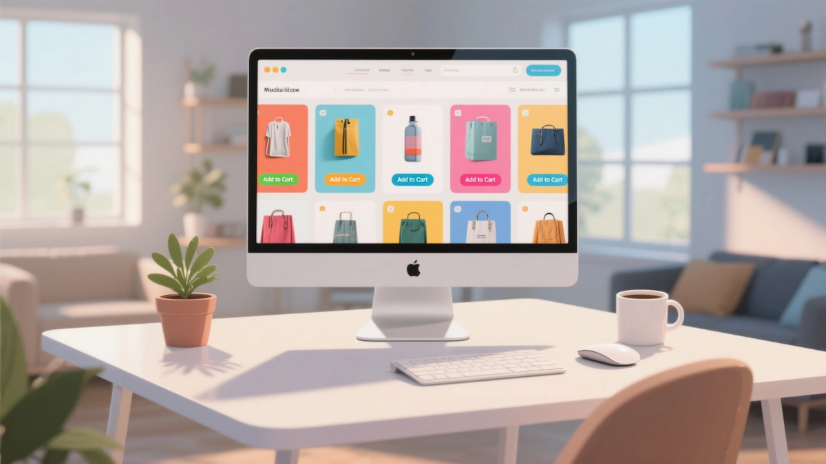 The image shows a clean e-commerce website interface displayed on a desktop computer screen in a bright, modern room.