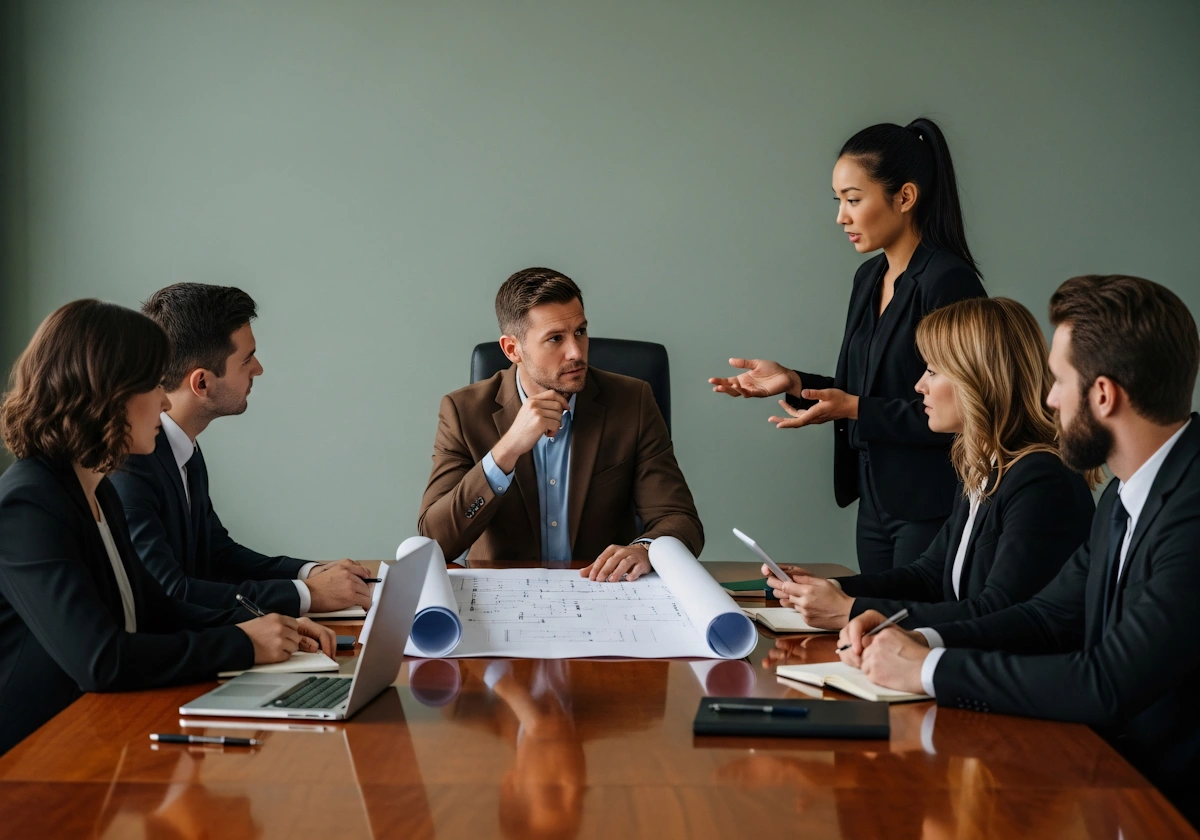 An Asian woman standing in a dark business suit speaks confidently, using open hand gestures to explain a point to her colleagues.