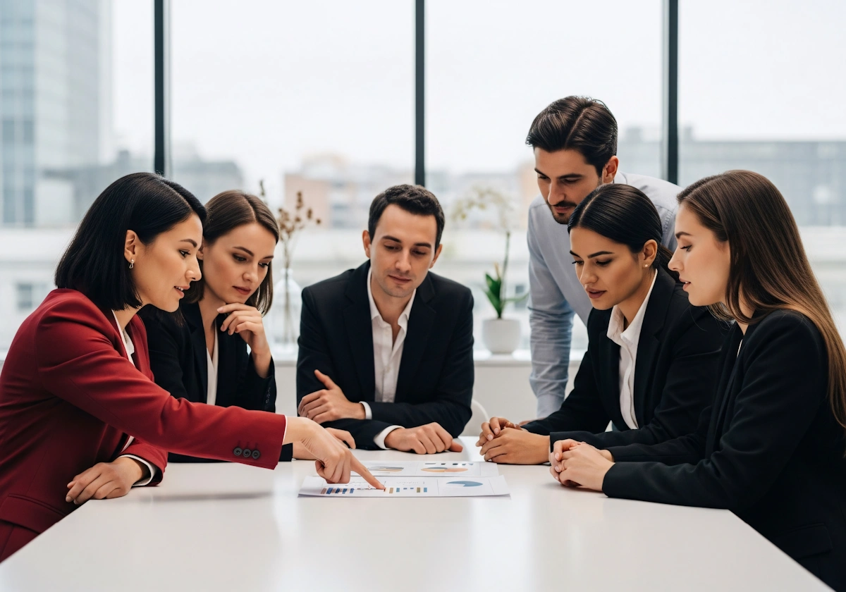 This corporate image displays a professional business team collaborating during a meeting in a bright, modern office space.
